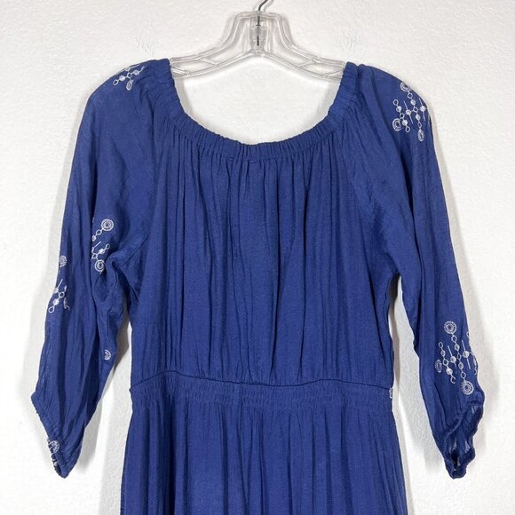 Blue White Maxi Dress Embroidered Cottagecore Scoop Neck Small - Picture 5 of 11